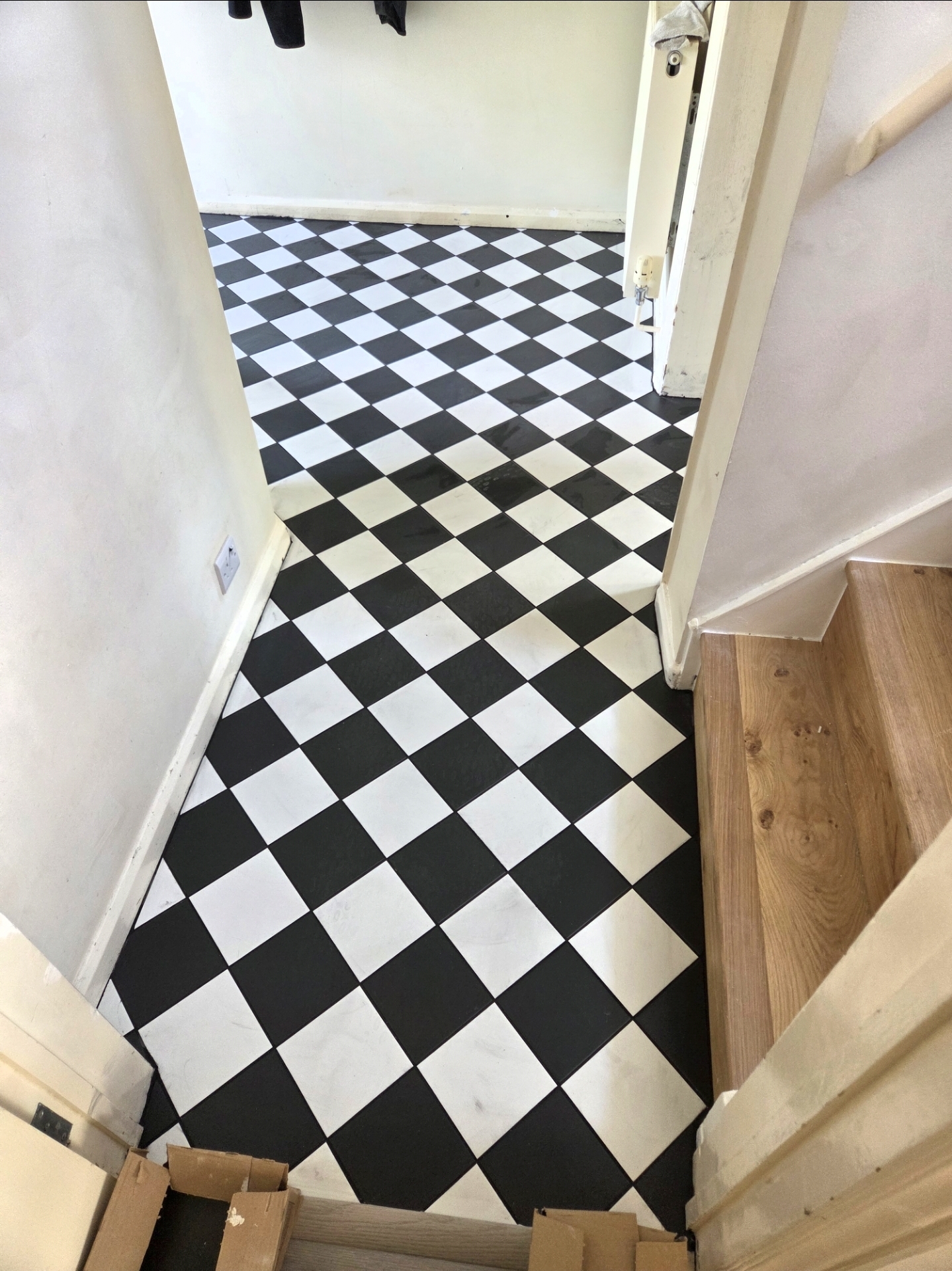 Black and white checkerboard floor tiling